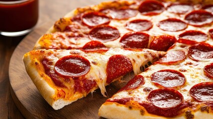 Mouthwatering pepperoni pizza with melted cheese and a slice being pulled on a wooden surface