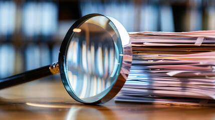 Close-up of a magnifying glass over a stack of official documents on a wooden desk, symbolizing scrutiny and transparency in legal or investigative processes.