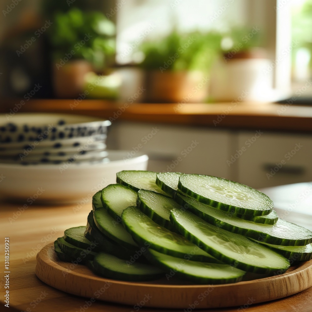 Poster refreshing sliced cucumber presentation on wooden plate offering a culinary delight capturing freshn
