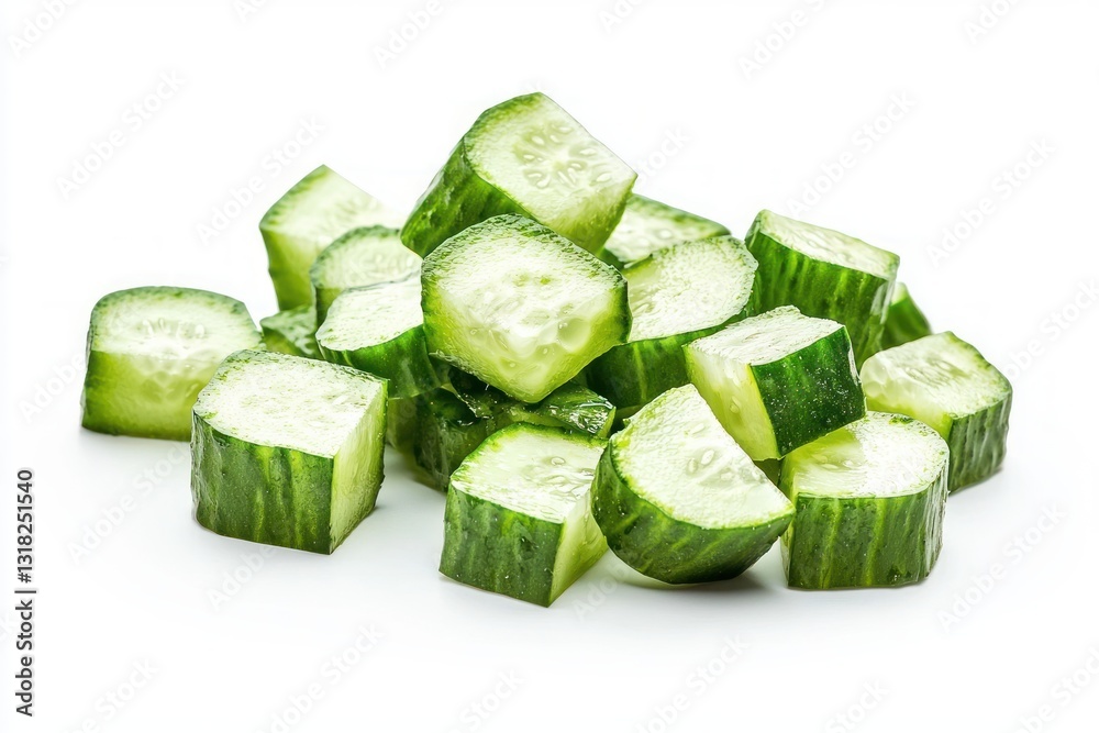 Poster Sliced Cucumbers on White Fresh from the Harvest Table Ready to Blend into Smoothie or Refreshing Salad