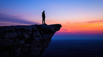 Fototapeta premium Solitary person standing on cliff edge at sunset, silhouetted against open sky, symbolizing inner struggle and despair. Emotional concept of isolation and personal challenges.