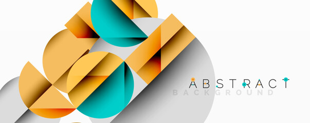 Abstract geometric design with intersecting circles, triangles, squares and sharp angles creating a layered composition with gradients, depth, and contrast