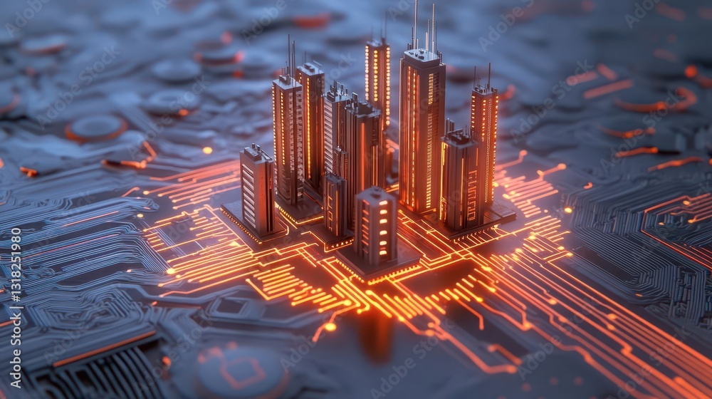 Poster 3d render of a futuristic cityscape made from a circuit board, glowing with orange light, featuring 