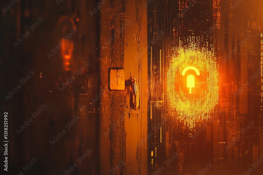 Poster explore a captivating digital unlock concept featuring a lock symbol surrounded by binary code, symb