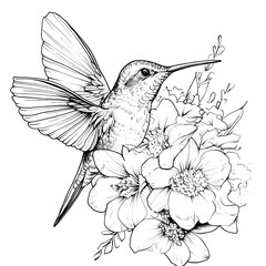 Obraz premium Hummingbird is perched on a flower. The bird is small and colorful, with a long beak. The flower is pink and has a few petals. Concept of beauty and tranquility