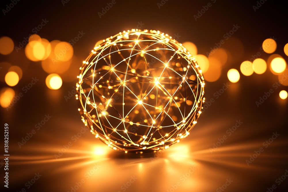 Poster this captivating image features a glowing spherical network design illuminated by sparkling lights, 