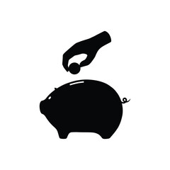 Hand puts coin into piggy bank logo design concept. Money box silhouette illustration, vector.