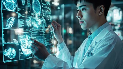 Financial data processing by Asian male doctor in a high-tech laboratory setting, financial data processing over asian male doctor holding x-ray scan - Powered by Adobe