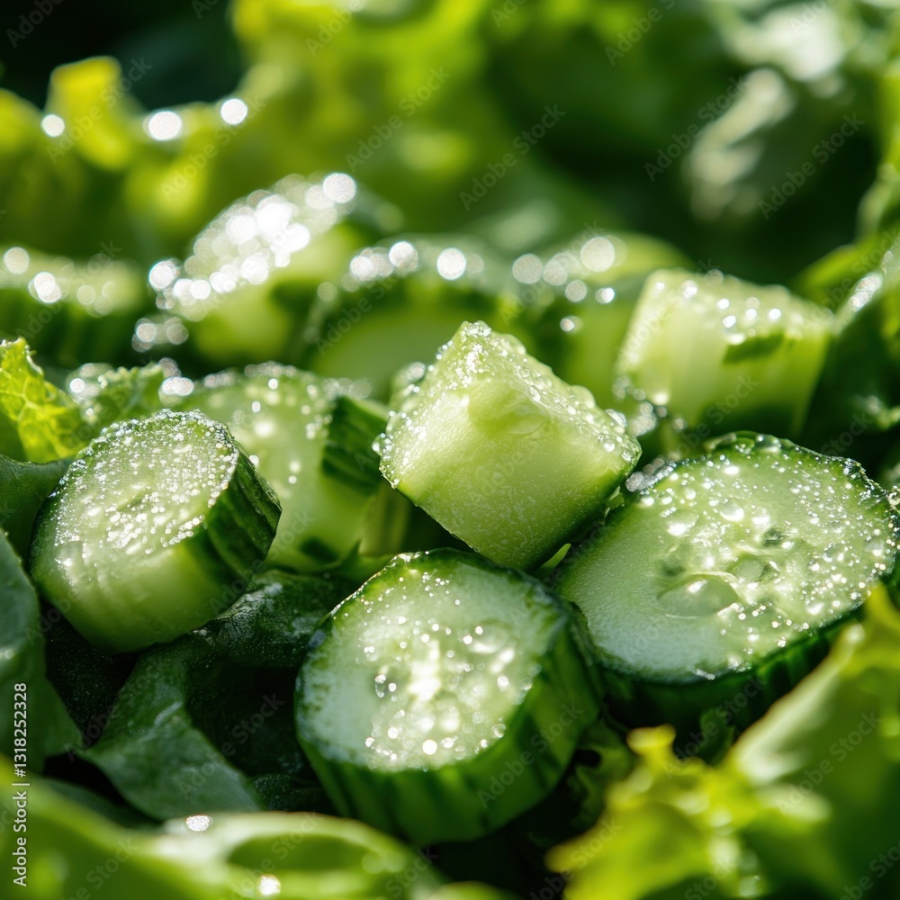 Poster invigorating closeup of fresh cucumber slices in a crisp lettuce salad perfect for summer health and