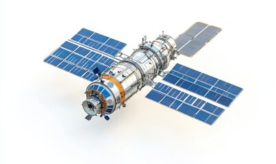 Space station with solar panels orbiting Earth for communication and research