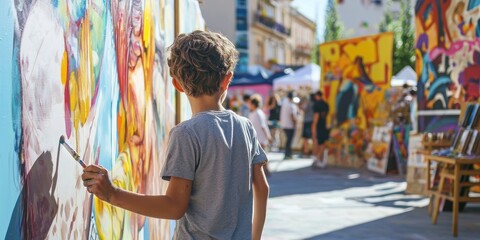Art festival with people painting murals and displaying crafts