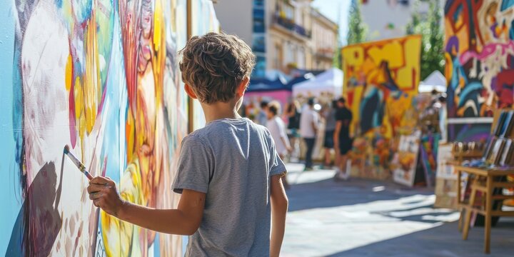 Art festival with people painting murals and displaying crafts