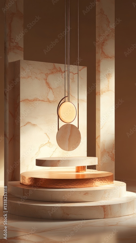 Poster elegant product display platform with circle pendant in minimalist style for fashion and cosmetic pr