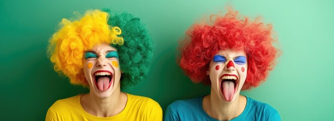 A split-screen image of two young women, one wearing a colorful clown wig and the other in casual , laughing out loud against a green background