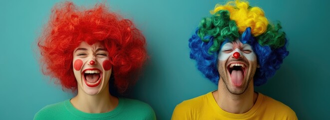 A split-screen image of two young women, one wearing a colorful clown wig and the other in casual , laughing out loud against a green background