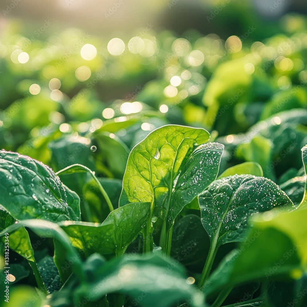 Poster freshness exemplified by delicate spinach leaves adorned with tiny sparkling water droplets after ge