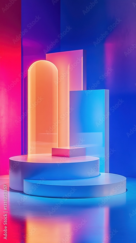 Aufkleber geometric composition of cylinders and cubes against gradients of vibrant neon hues in an abstract s