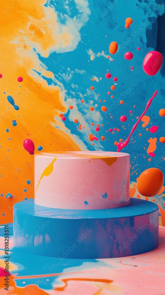 Fototapete Artistic Showcase of Colorful Paint Splatters and Floating Shapes Against an Abstract Background Design
