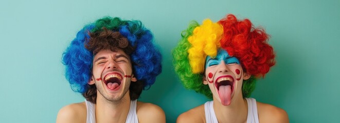 A split-screen image of two young women, one wearing a colorful clown wig and the other in casual , laughing out loud against a green background