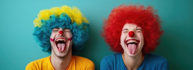 A split-screen image of two young women, one wearing a colorful clown wig and the other in casual , laughing out loud against a green background