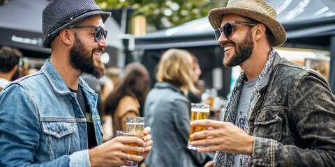 Beer festival with people clinking glasses in a lively atmosphere