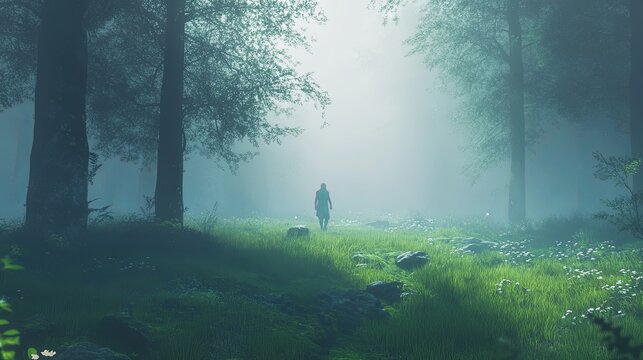 A lone figure walking through a foggy forest, soft light piercing through the mist. digital