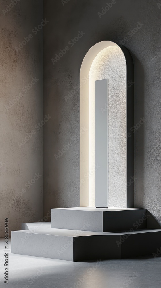Poster Elegant concrete display with archway platform for product presentation in a minimalist room setting