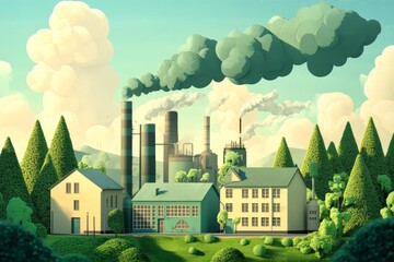 A vibrant cartoon-style illustration of an industrial landscape showcasing factories emitting smoke amid lush greenery and rolling hills, highlighting environmental themes.