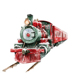 Fototapeta premium Colorful watercolor illustration of Santas vintage train traveling through a snowy landscape during the holiday season, Watercolor santas train illustration on transparent background