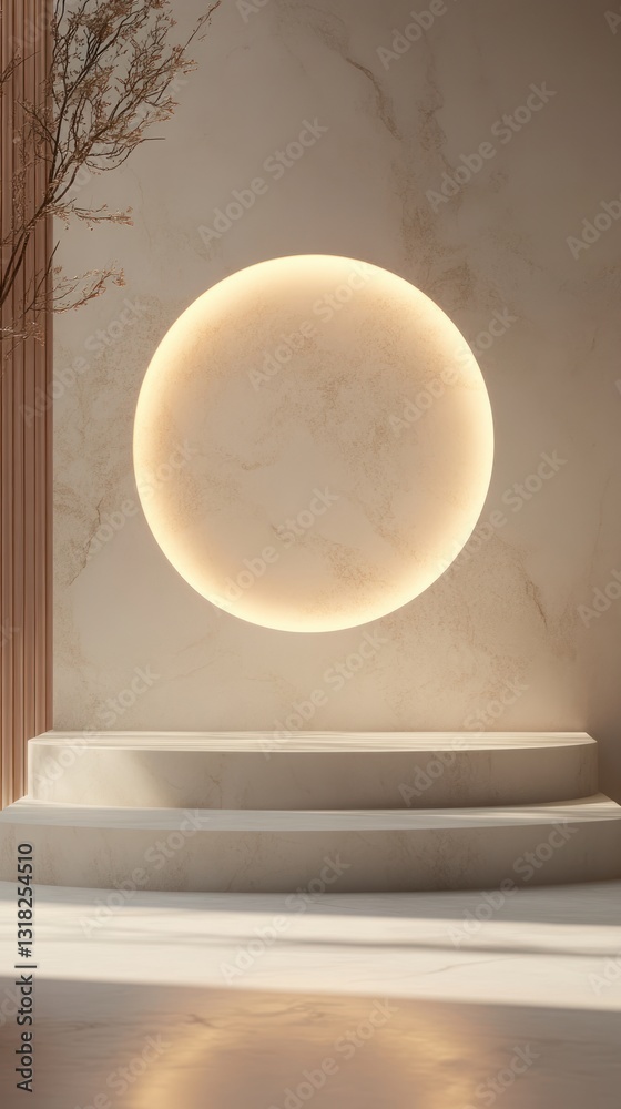 Aufkleber minimalist presentation podium against a textured wall with illuminated circle for product display o