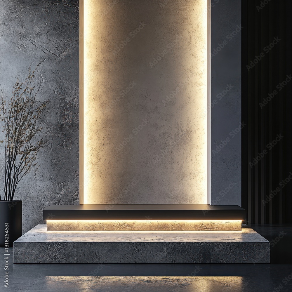 Aufkleber Illuminated minimalist podium presentation stage platform with modern stone texture and elegant backdrop