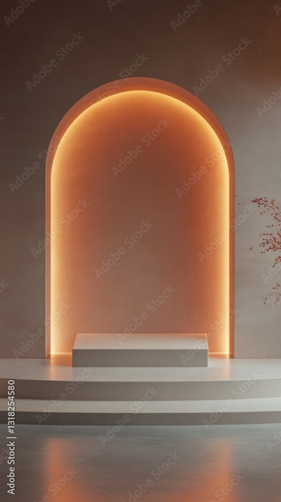 Poster elegant zen display mockup with soft lighting arched niche for brand showcase in modern minimalist s