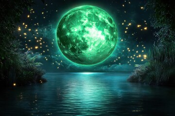 A glowing green moon hovers over a tranquil lake, as fireflies dance in the night sky This fantastical scene is rendered in a digital art style