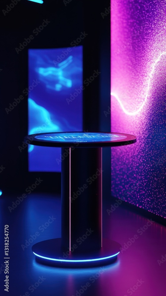 Aufkleber Modern Round Table Display with Neon Lights Background for Futuristic Product Presentation Setup