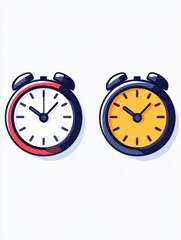Two stylized alarm clocks, one with a white face and red rim, the other with a yellow face and dark gray rim