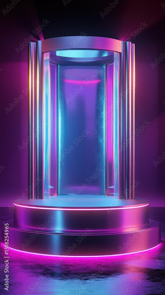 Aufkleber modern stage with neon lights and dark blackground for product presentation in retro style scene
