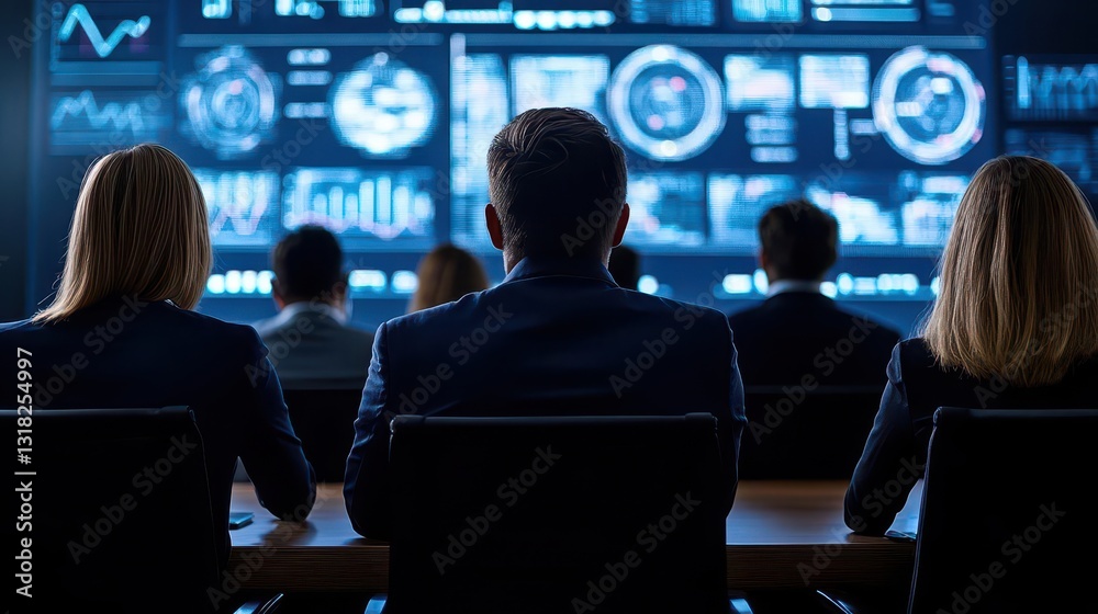 Poster a group of cybersecurity professionals meet in a corporate boardroom, silhouetted against a large sc