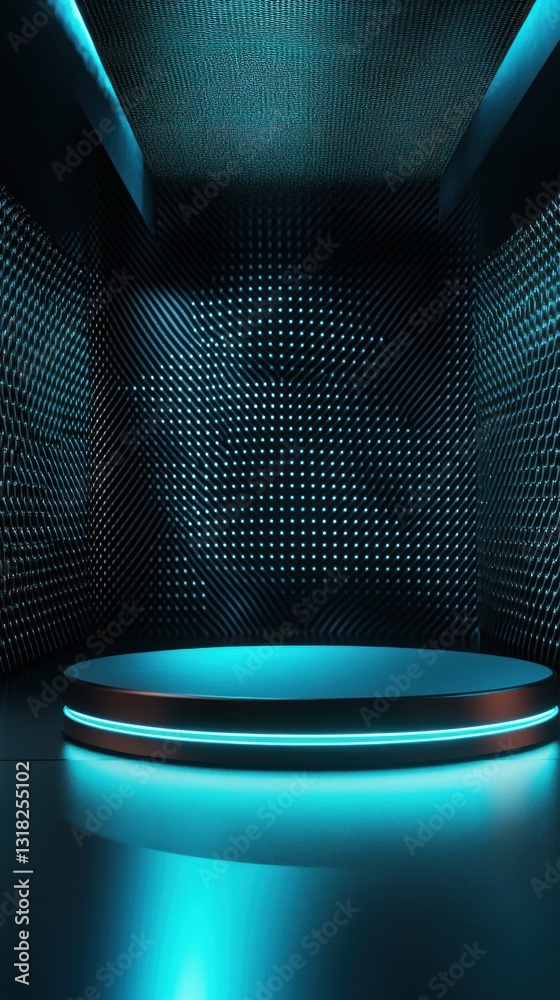 Poster sleek futuristic product display stage with dynamic blue neon light highlighting modern geometric te