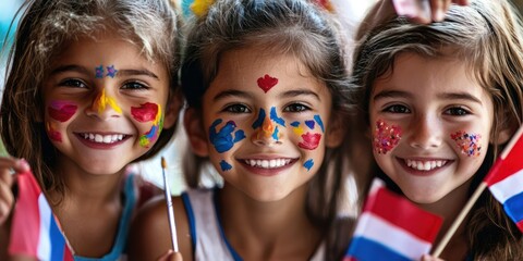 Fototapeta premium Children painting their faces with patriotic colors while holding flags