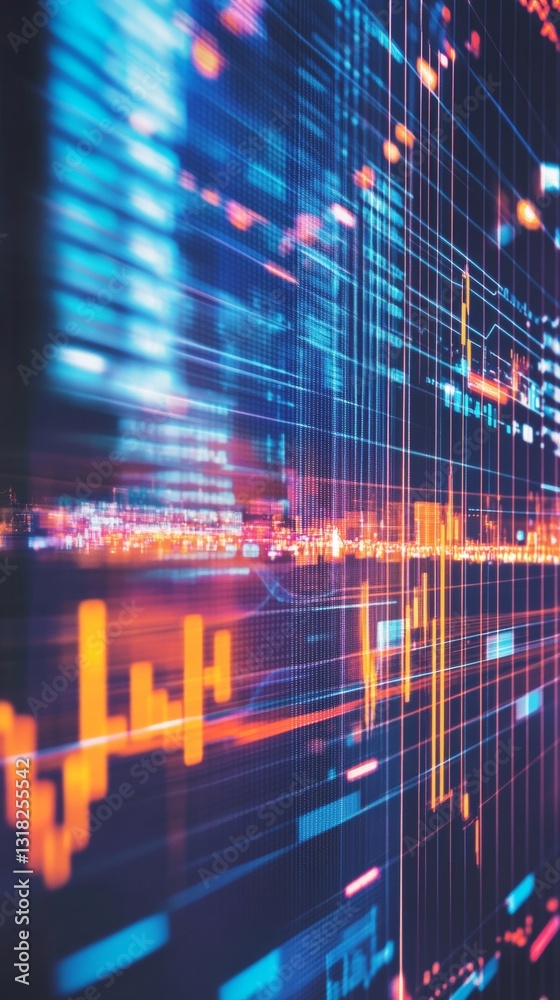 Poster futuristic digital stock market data visualization with colorful graphs and analytics patterns