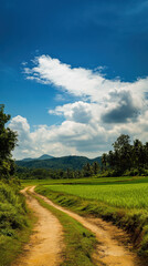 Fototapeta premium Scenic view of a dirt road leading through lush green rice fields under a bright blue sky with fluffy clouds.
