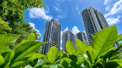 A group of modern highrise buildings surrounded by greenery