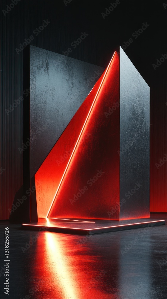 Poster Abstract architectural design with glowing red neon light illuminating modern building elements and sleek surface