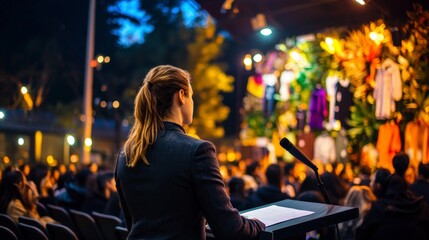 Sustainable Fashion Conference  Speaker at Podium  Eco Friendly Clothing Swap Event