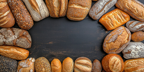 Fototapeta premium Draufsicht auf einen Rahmen mit Brot und mit Platz für Text in der Mitte - Werbeschild Flyer