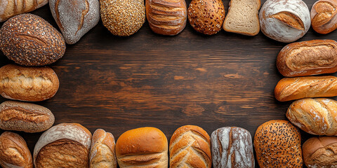 Fototapeta premium Draufsicht auf einen Rahmen mit Brot und mit Platz für Text in der Mitte - Werbeschild Flyer