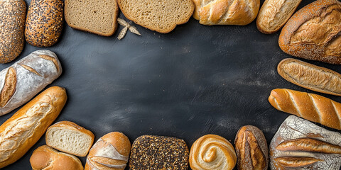 Naklejka premium Draufsicht auf einen Rahmen mit Brot und mit Platz für Text in der Mitte - Werbeschild Flyer