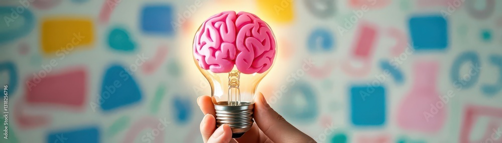 Aufkleber a hand holds a glowing light bulb with a brainlike pink structure, set against a colorful doodle bac