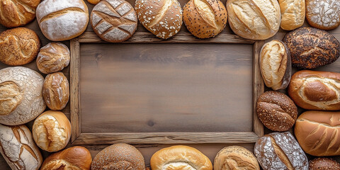 Obraz premium Draufsicht auf einen Rahmen mit Brot und mit Platz für Text in der Mitte - Werbeschild Flyer