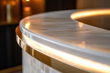 Obraz premium Warm light softly reflects off a curved pearl-white tabletop with gold trim.